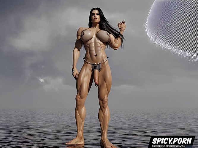 long black hair, flashes, very long feet, huge very muscular arms