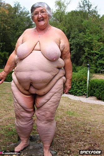 an old fat futanari granny standing naked with obese belly, front view