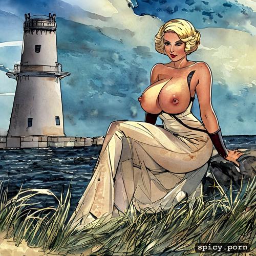 a curvy woman, posed sitting, stylized 2d cartoon, blonde, a gorgeous blonde female