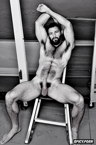 arms up, sweat body sweat wet, macho, italian, guy, he is sitting on a chair