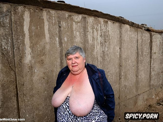 worlds largest most saggy breasts, standing straight in east european high apartment concrete buildings streets large view