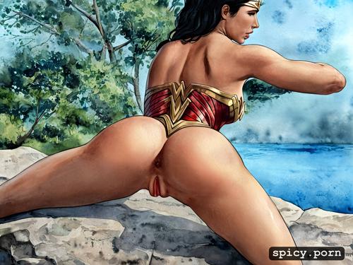 wonder woman, huge erect clitoris, view from behind, open pussy