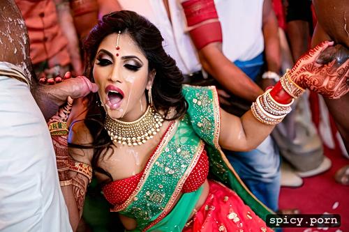the standing beautiful indian bride in wedding hall and get slapped by a muslim dick over his face and get cum all over her face