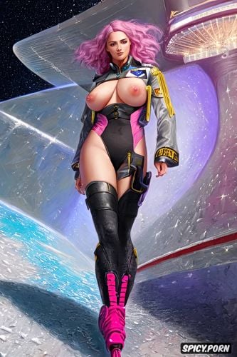 large feet, wide hips, pink nipples, space age, female officer