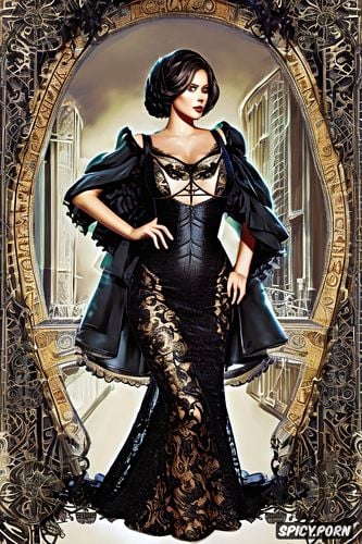 ultra realistic, elizabeth bioshock infinite beautiful face young tight low cut black lace wedding gown