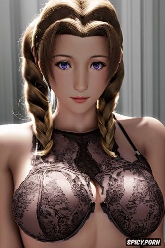 k shot on canon dslr, ultra detailed, masterpiece, aerith gainsborough final fantasy vii remake tight light purple lace panties stockings topless tits out bathroom beautiful face full lips milf