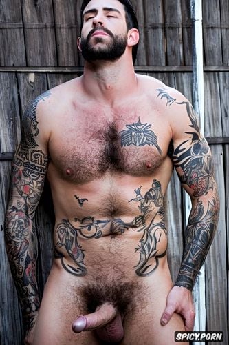 hombre solo super realista cuerpo atletico musculoso barba cerrada musculoso barzos tatuados desnudo superdotado pene grande erecto xxl