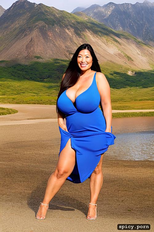 standing at a mountain lake beach, extremely beautiful korean milf