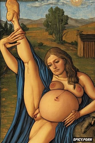 spreading legs shows pussy, pregnant, wide open, virgin mary nude in a stable