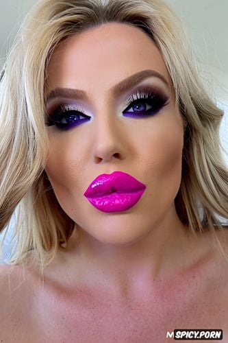 white slut, slut makeup, vivid pink lipstick, huge pumped up balloon lips