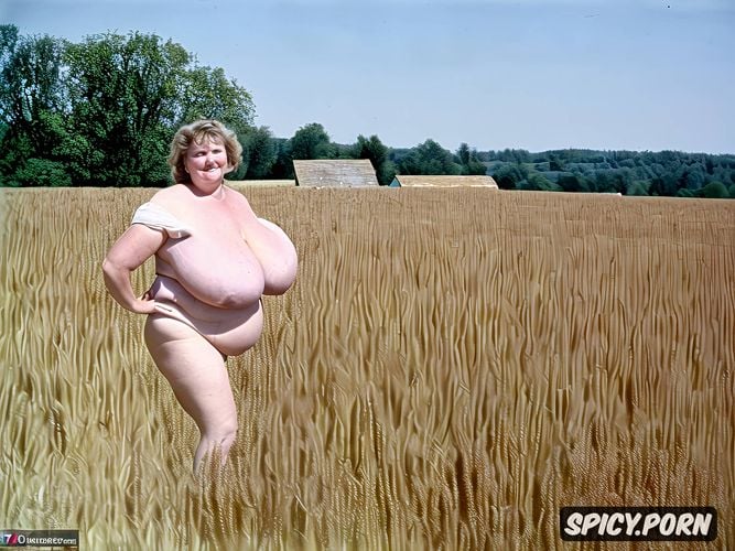 insanely completely large very fat floppy breasts, standing nude in east european country side with old country houses in background