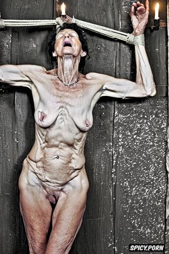 geriatric elderly woman, restrained, ultra realisic, empty hanging saggy tits