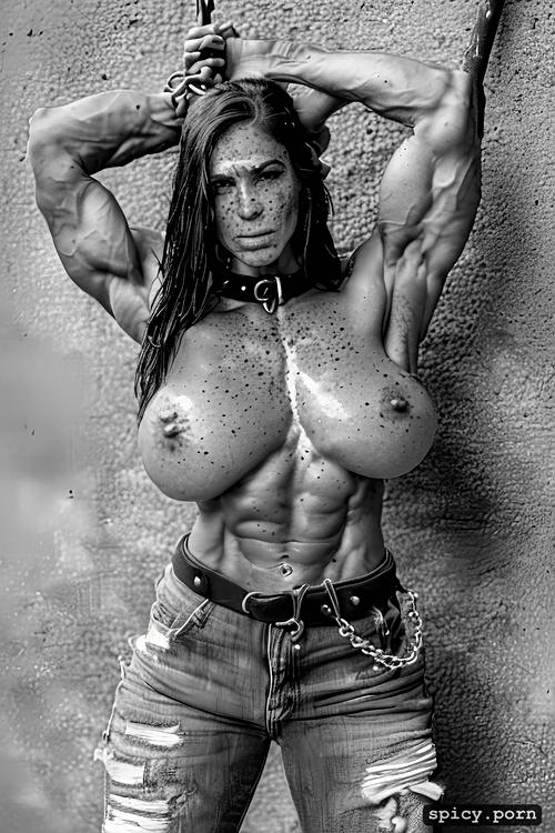 highres, realistic, belt around waist, digging, extreme muscular woman topless with massive abs