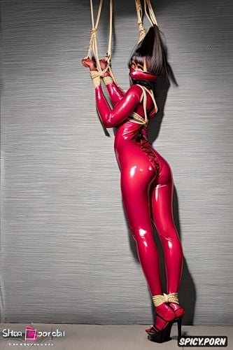 shiibari suspended full body, spandex satin catsuit satin gloss