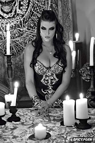 goth, satanic ritual, spell casting, pentagram, candles, skulls in background