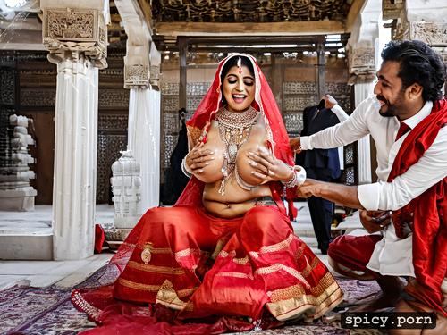 loving smiling bride wearing only wedding jewellery, wife drinking husband s urine with open mouth
