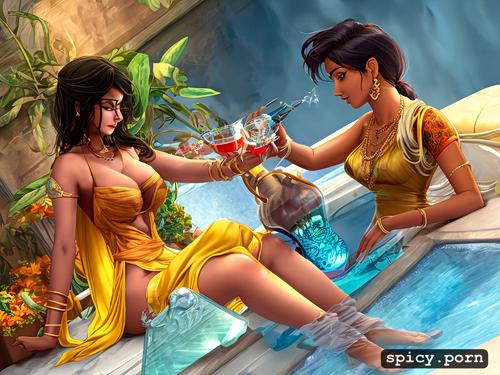indian 30 year old woman feeding indian 18 year old woman golden coloured fluid from a glass