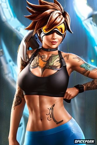 tracer overwatch beautiful face full body shot, tattoos, tight yoga pants