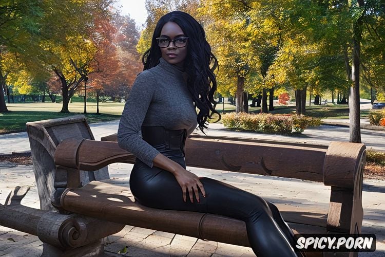 city park, large breasts, full body shot fills the frame, sitting on a bench