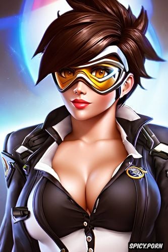 tracer overwatch female president of the united states black blazer white shirt shirt unbuttoned beautiful face chest tattoos milf