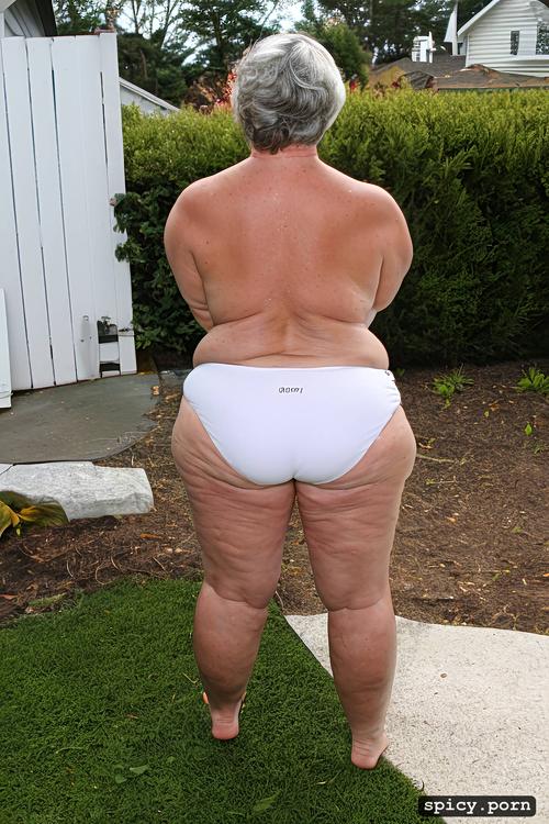 white woman, seductive, obese, 50 years old, from behind, freckles