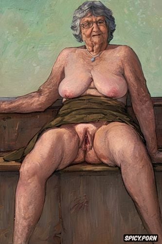 very wide hips, the very old fat grandmother skirt has nude pussy under her skirt