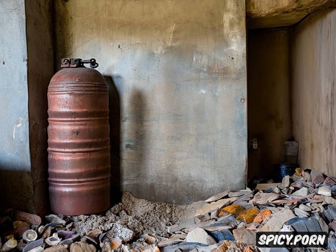 rusty gas cylinder, garbage, cement, abandoned basement