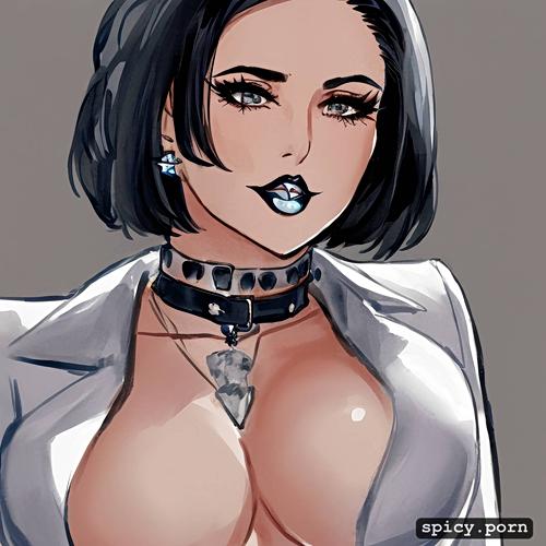 piercing eyebrow, black short hair, woman doctor, in white leather long jacket