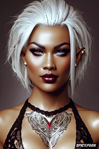 ultra realistic, topless, hawke dragon age beautiful face ebony skin silver hair full body shot