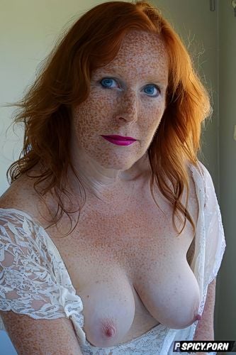 huge hairy bush, ginger, looking at viewer, freckles, naked