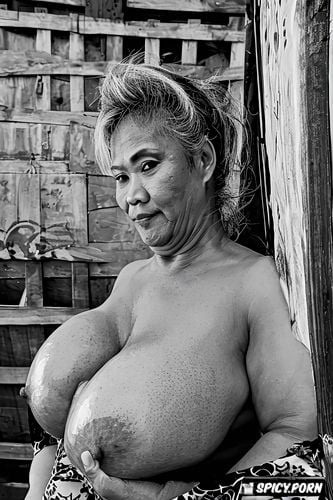 centered, massive saggy breasts, intricate, hyperrealistic, thai