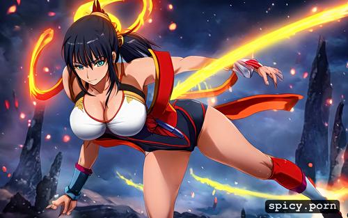 samurai woman wearing top samurai armor with one piece swimsuit and short jeans with long socks and black hair and short ponytail and blue glowing eyes