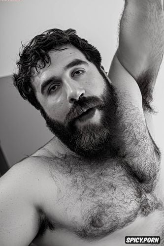 solo chubby older hairy gay man with a big dick showing full body and perfect face big beard showing hairy armpits indoors beefy body dark brown hair gay night club