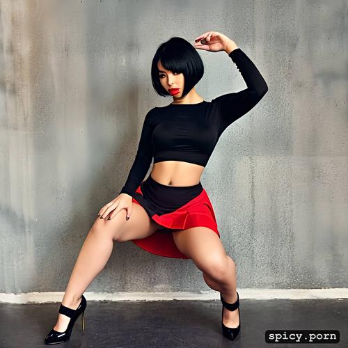 body, mini skirt, bobcut hair, 25 years, solid colors, tits showing