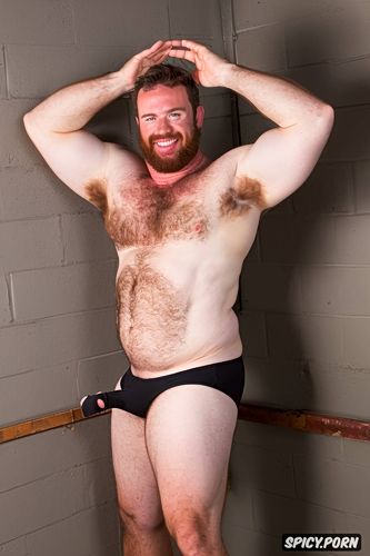 solo hairy gay beefy old man only wearing boxers showing full body and perfect face beard showing hairy armpits indoors chubby body in prison