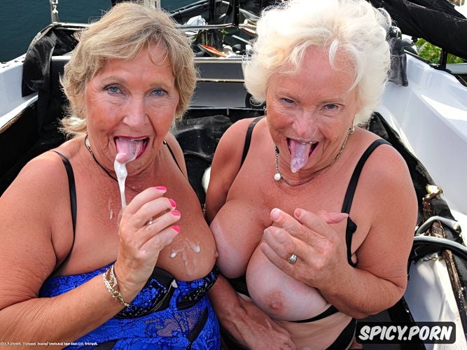 blowjob, old grandma and old aunt, visible nipples, demonic face