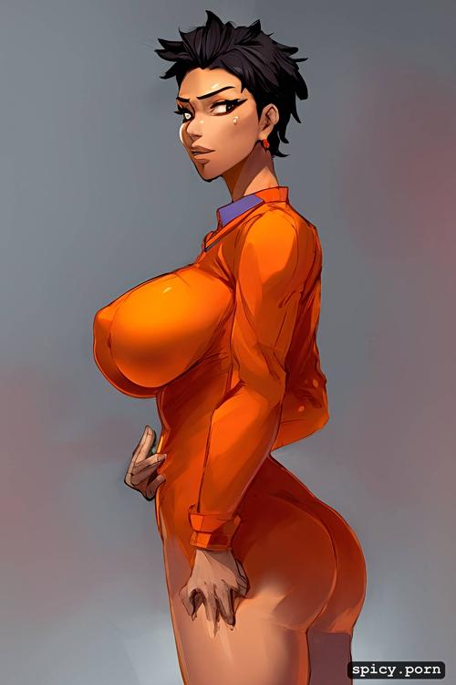 40 yo, breasts, medium shot, backlighting, 8k, orange prison uniform