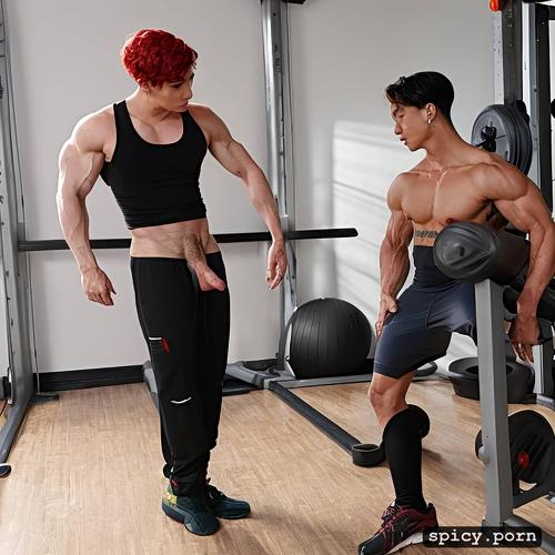 gay korean man, red hair, cumming, piercing, silicon boobs, muscular body