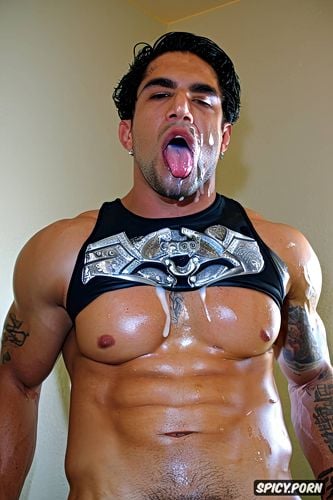 big nipples, sweaty, dripping, drooling, photo realistic, mexican latino man young male muscle chubby hot gay guy full oiled naked sweat body ahegao