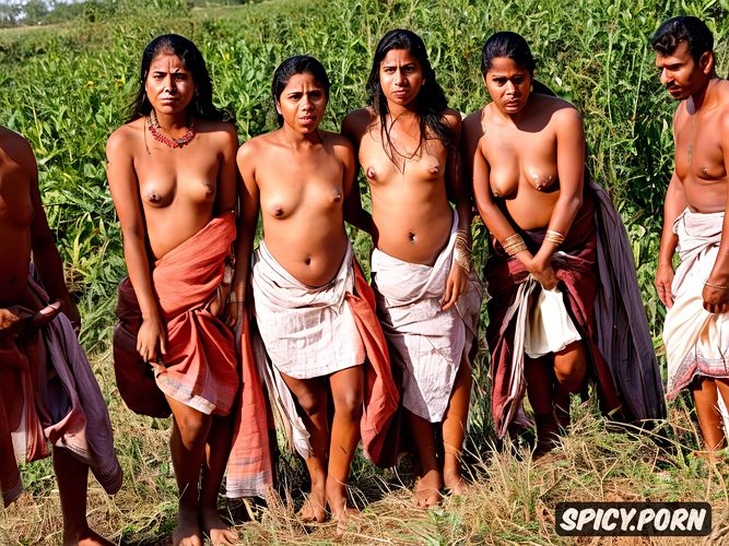 a powerful and emotional photograph naturally petite compliant ordinarily typical gujarati rural uneducated farmworker female stunning photogenic face is in a one female orgy by a group of men additional details include traditional tribal attire and setting