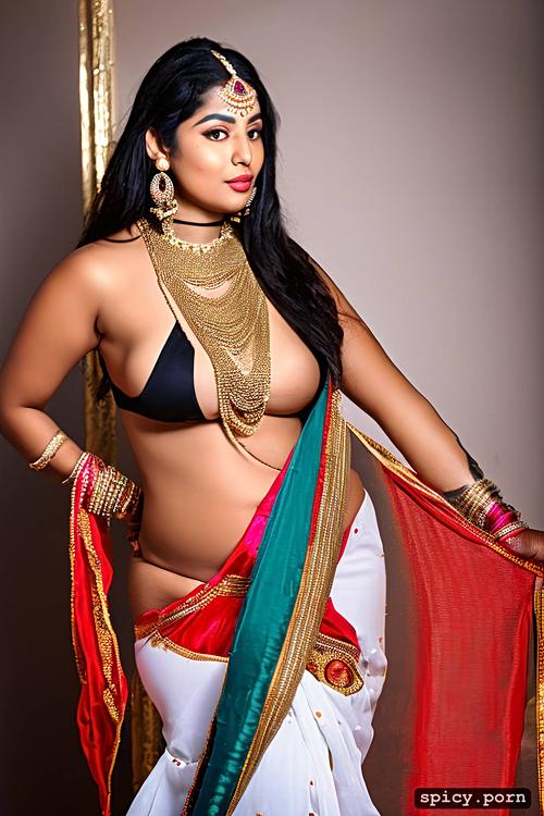 half saree, indian princess, black hair, busty body, gold jewellery