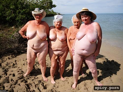 having sex, an elderly naked couple is lying on the beach, both of them are very fat granny has big saggy tits very hairy pussy they have hats