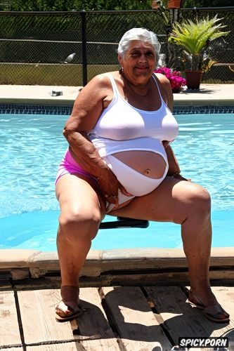 visible pussy, full body shot, a photo of a short ssbbw hispanic pregnant granny standing up in the public pool