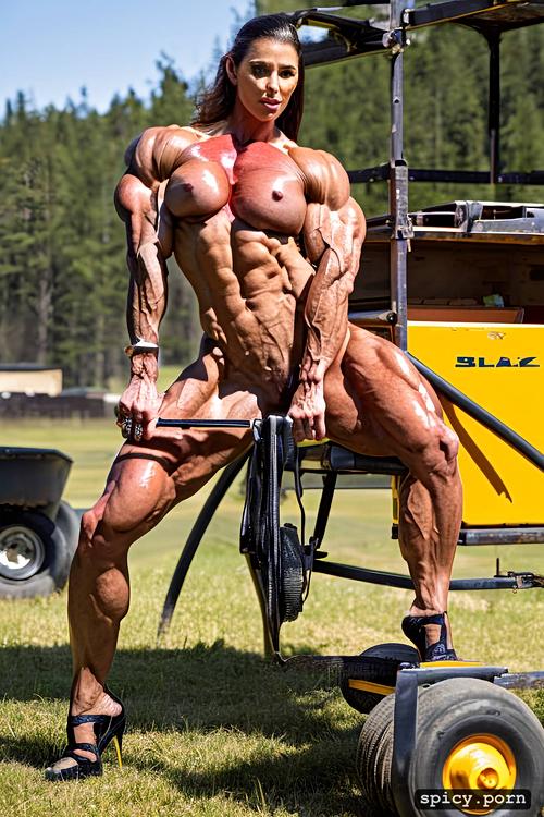 nude muscle woman pulling a big cart, realistic, scar, ultra detailed