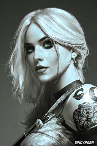 ciri the witcher beautiful face young full body shot, tattoos masterpiece