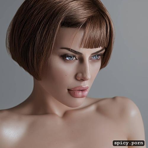 fit body, bob cut hair, seductive, solid colors, medium firm tits