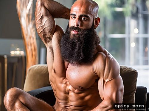 guy, beard, sexy, one alone naked athletic arab man, bald, hairy athletic body