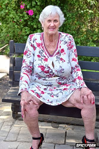 very old wrinkled granny eighty years huge massive saggy tits get à handjob to à very fat monster dick sit on bench outside