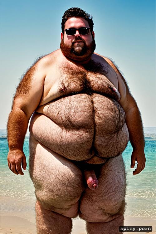 super obese chubby man, cute round face with beard and glasses