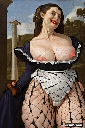 veins on the chest, black lips, red hexagon fishnet, the very old fat grandmother has nude pussy under her skirt